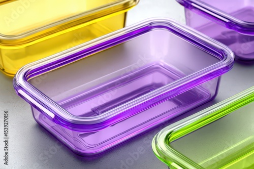 Colorful transparent containers featuring purple yellow and green storage boxes arranged on a clean surface oil and water combination highlighting modern kitchen organization and functionality