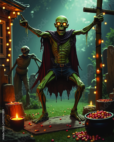 Spooky Glowing-Eyed Zombie With Cape in Haunted Graveyard Yard Decorated with Halloween Lights and Candy – Fantasy Illustration