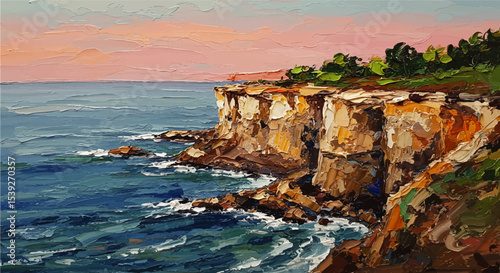 Vibrant Oil Painting of Coastal Cliffs at Sunset With Ocean Waves and Lush Greenery, Impressionist Seascape Artwork