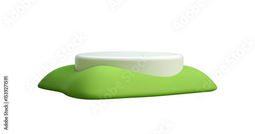 3d podium in grass. render white platform on green hill. Cartoon element for spring or summer kid design. Island, patch, hill. Vector illustration