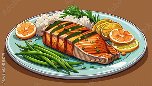 Close-up Deliciously grilled salmon with a savory glaze served with steamed rice and a side of green beans Very beautiful