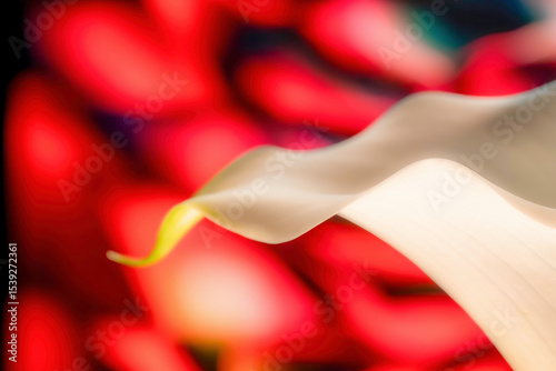 Abstract of a silky flowing white lily flower leaf against a red patterned backdrop