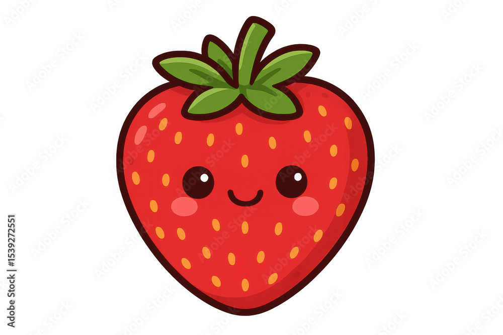 Obraz premium Kawaii strawberry character grinning with adorable expression, featuring playful cartoon-style face on clean