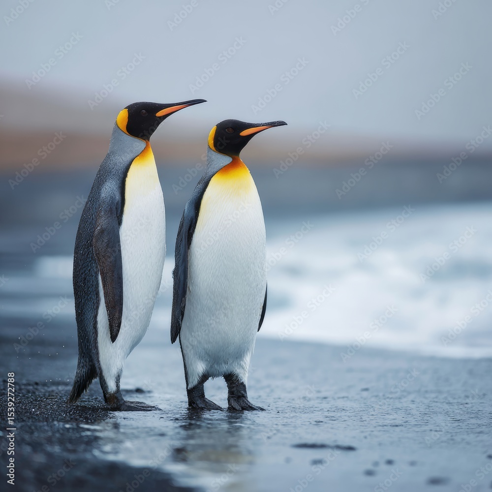 Obraz premium Two penguins standing together near the water's edge, captured in a serene moment amidst a misty atmosphere