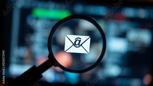 Email Verification and Filtering Concept A magnifying glass focusing on a verified email icon with e photo