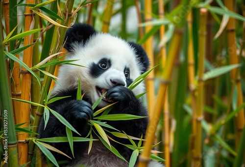 Playful panda cub amidst vibrant bamboo, clutching leaves,   happy panda,   adorable panda