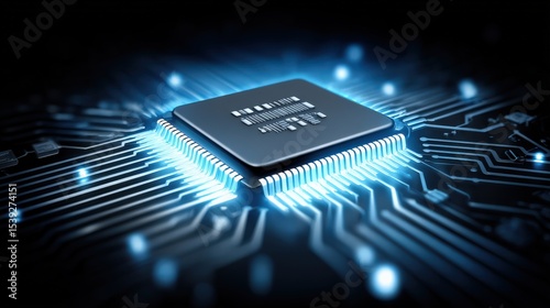 A close-up digital illustration of a glowing microchip on a circuit board emitting blue light, symbolizing advanced technology and electronic connectivity.
