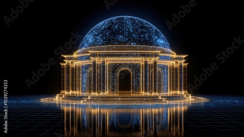 A glowing digital dome structure with a blue starry sphere inside, rendered with golden neon wireframe lines on a reflective grid surface against a black background.