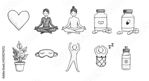 Healthy Lifestyle Wellness Sketch Icons Yoga Meditation Sleep Supplements Plant
