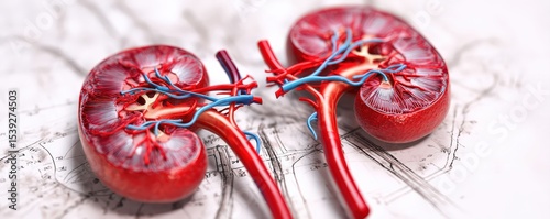 Highly detailed anatomical model of two human kidneys displayed on a scientific blueprint background.