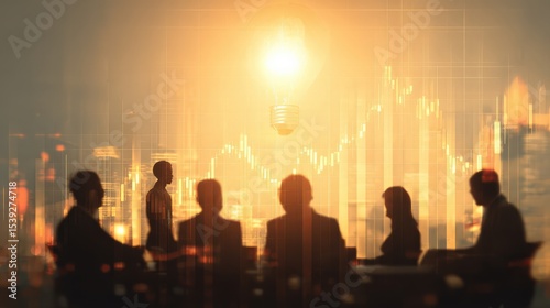 Business team silhouette brainstorming with a glowing light bulb symbolizing innovation and ideas, overlaid with financial charts and graphs.