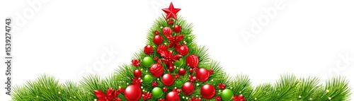 A festive Christmas tree decorated with red and green ornaments and topped with a red star on a white background.