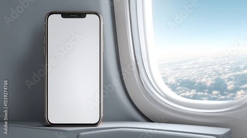 A smartphone with a blank screen stands on an airplane tray table next to a window showing a view of clouds and blue sky.