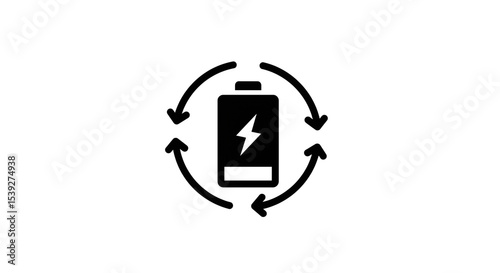 A black and white icon of a battery with a lightning bolt surrounded by circular arrows pointing inward