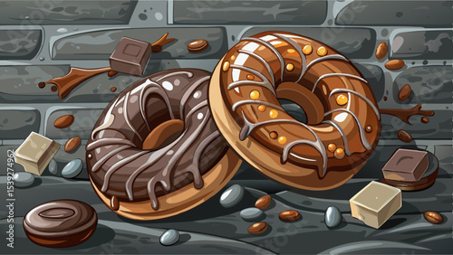 Donuts with chocolate glaze and chocolate pieces frozen in motion on grey stone background. Sweets, dessert and pastry, close up Very beautiful