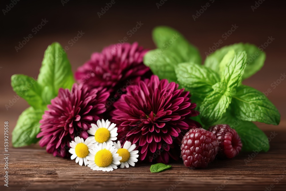 Obraz premium Lush bouquet of vibrant chrysanthemums and delicate daisies paired with fresh mint leaves and ripe raspberries creating a stunning arrangement showing nature's intricate beauty and freshness