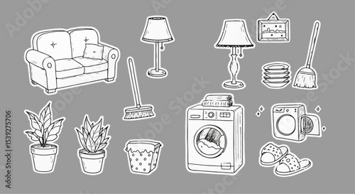 Cozy Home Interior Sketch Featuring Sofa Plants Lamps and Appliances