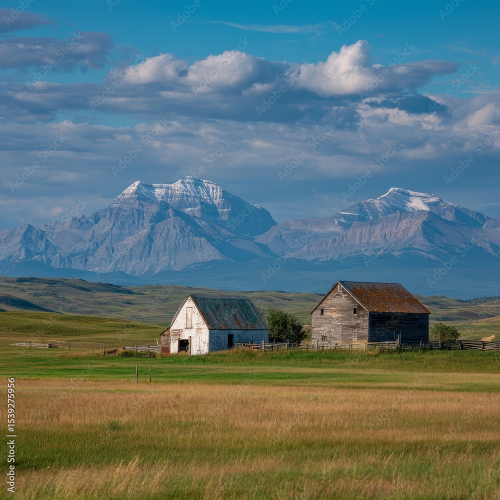 Obraz premium Rural landscape featuring two old buildings set against majestic mountains under a cloudy sky. The scene showcases the beauty of countryside architecture and the serenity of nature.