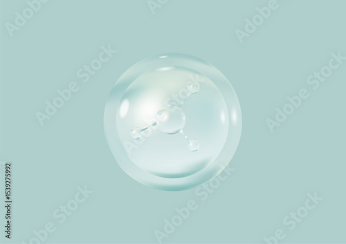Transparent liquid сosmetic bubbles with molecules inside. Collagen skin serum. Cosmetic essence. Hyaluronic acid bubbles. Skincare product. Concept skin care cosmetics solution
