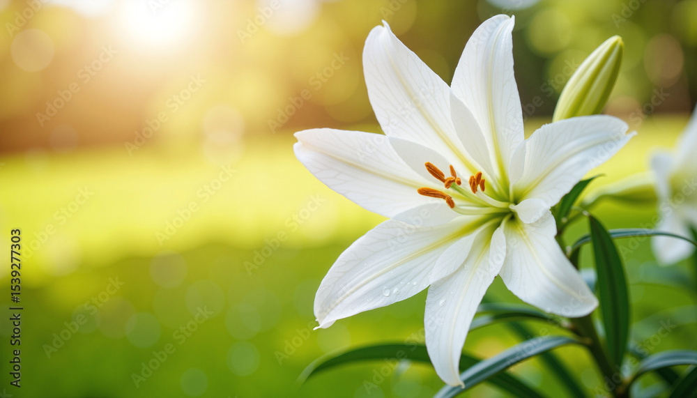 Fototapeta premium Pure white lily flower in garden. Single elegant lily blossom with dew drops. Closeup image of white lily perfect for sympathy cards and funeral announcements.