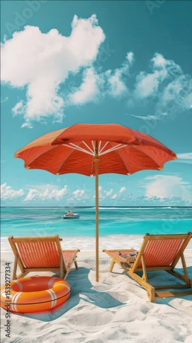 Wallpaper Mural A tranquil beach scene with two lounge chairs under an umbrella, offering a relaxing spot to enjoy the tropical view. Torontodigital.ca