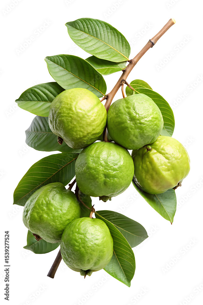 Obraz premium Fresh Green Guavas on a Branch with Vibrant Green Leaves Isolated