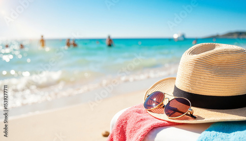 Summer beach hat with sunglasses on towel. Summer vacation essentials include stylish straw hat and fashionable sunglasses. Relaxing summer beach concept for travel blogs and tourism websites.
