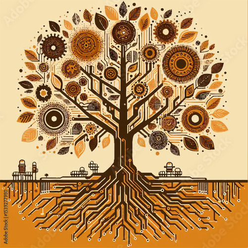 An illustration of a tree consisting of electronic circuit boards and microcircuits as a symbol of the fusion of nature and technology. vector graphics. EPS.