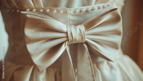 Close up shot of a satin dress with a large bow and pearl detailing on the back bodice
