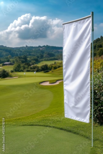  Golf course banner mockup with scenic landscape and clear sky, ideal for advertising or design presentations