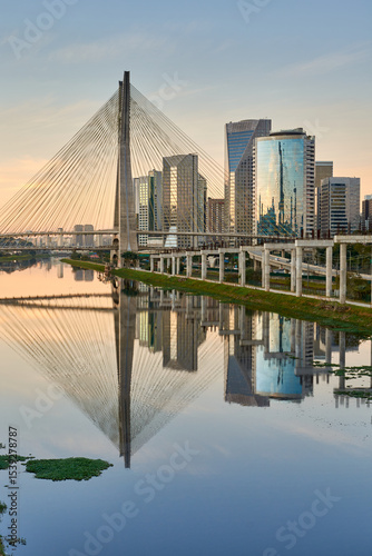 Urban cityscape with a cable-stayed bridge in São Paulo.