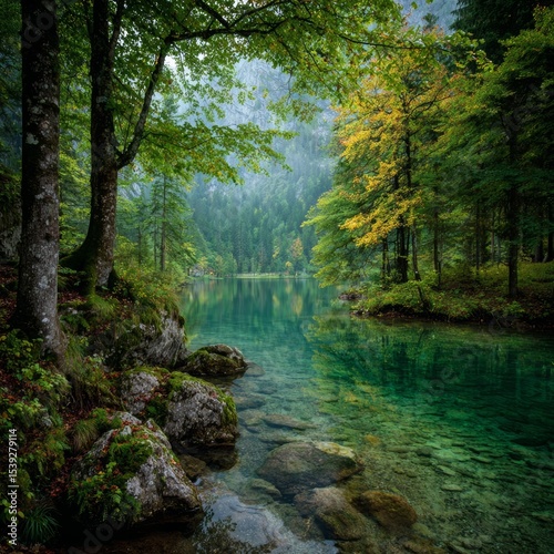Serene forest lake with crystal clear water. Lush green trees and moss-covered rocks frame the tranquil scene.