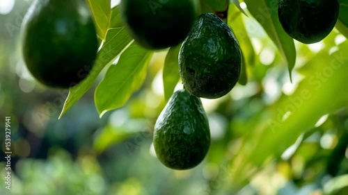 Clusters of green avocados hang from the tree branches with vibrant green leaves illuminated by natural sunlight in tropical setting