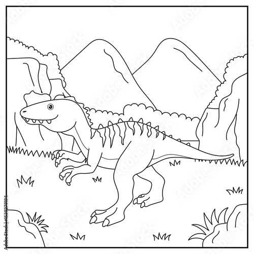 Black and white cartoon Yangchuanosaurus character (vector illustration), coloring book for children.