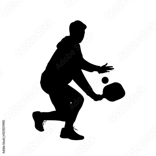 Pickleball Player in Defensive Stance Silhouette, Vector Silhouette of Man Ready to Hit Pickleball Shot