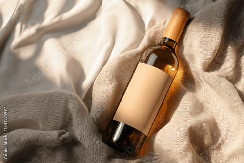Wine bottle with blank label on beige fabric background