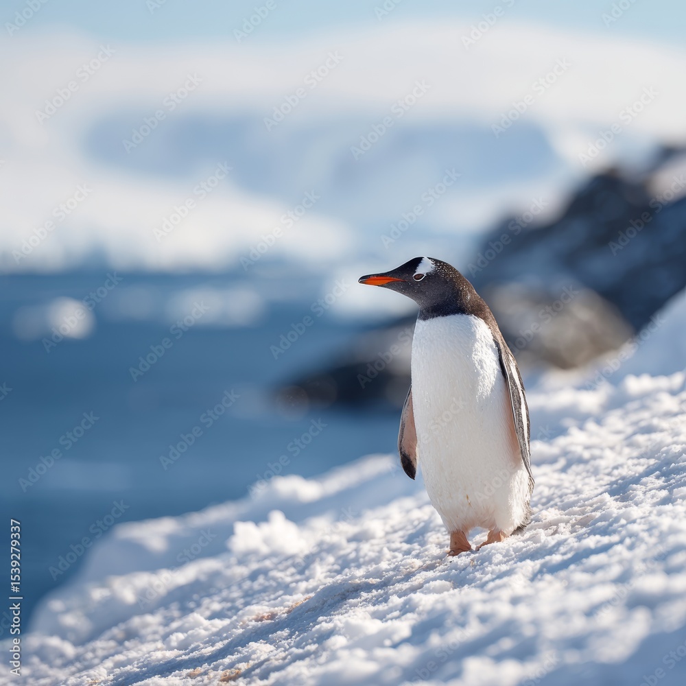 Obraz premium A Gentoo penguin standing on a snow-covered hill, looking towards the ocean. The penguin is a close-up view, showcasing its distinctive black and white plumage