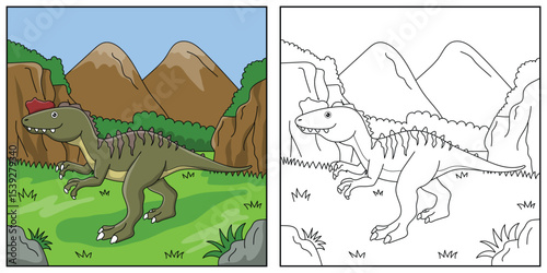Cute cartoon dinosaur Yangchuanosaurus, funny illustration, coloring book for kids and children.