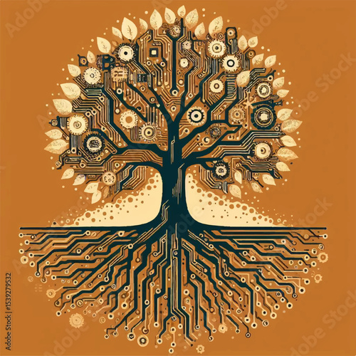 An illustration of a tree consisting of electronic circuit boards and microcircuits as a symbol of the fusion of nature and technology. vector graphics. EPS.