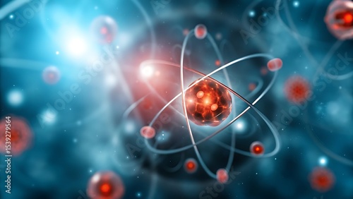 An atom model with electrons orbiting a nucleus on a blue and blurred background view
