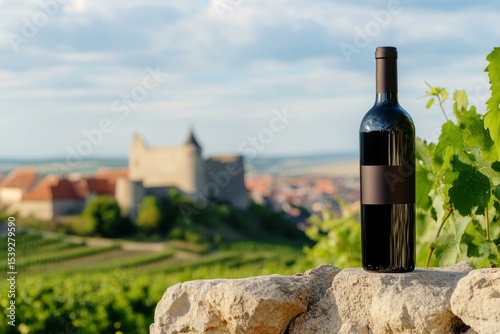  Wine bottle mockup with Hungarian vineyard landscape and castle backdrop for commercial use
