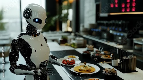 Futuristic restaurant robotic waiter serving dishes automation and efficiency