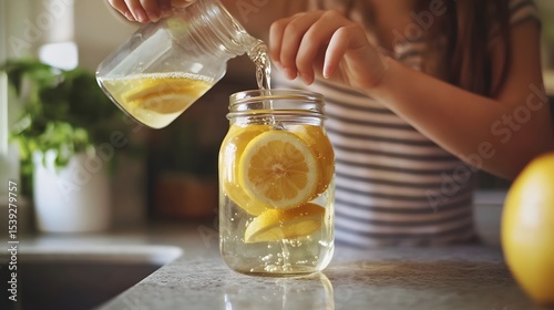 Pouring water from a pitcher into a mason jar filled with lemon slices indoors