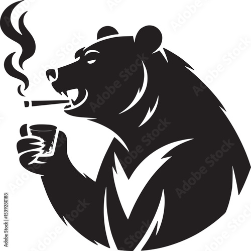 A stylized black bear smoking a cigar and holding a red cup against a light background shade art
