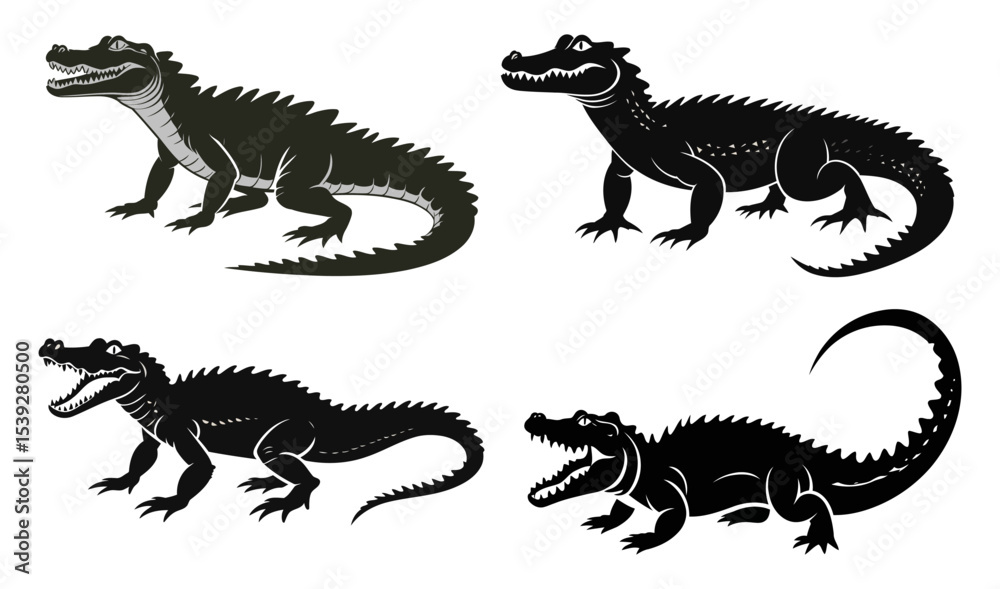 Fototapeta premium Detailed Alligator Silhouettes in Different Poses – Black Illustration on Transparent Background