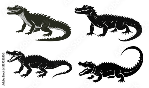 Detailed Alligator Silhouettes in Different Poses – Black Illustration on Transparent Background