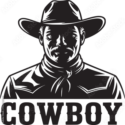 Illustration of a cowboy with a hat and neckerchief in black and white with the word cowboy below it