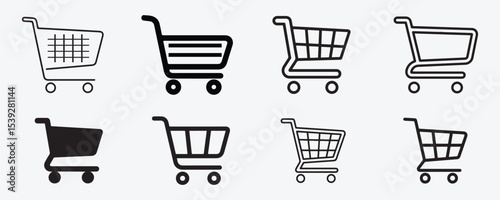 Shopping Cart Icons Set of Line Illustration in Different Styles Including Line and Silhouette Vector on White Background