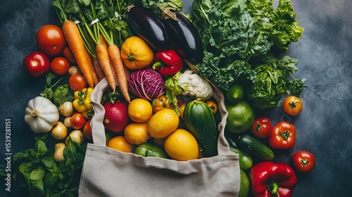 Assortment of fresh vegetables spilling from a reusable grocery bag on dark surface