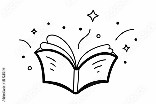 A vector illustration of an open magic book with a feather, symbolizing knowledge, learning, and the fantasy of reading